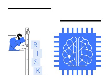 Riski cetvelle analiz eden kişi ve yapay zekayı temsil eden bir çipteki sinirsel ağın yanındaki bloklar. Veri analizi, karar verme, teknoloji, risk yönetimi, yapay zeka yeniliği için ideal