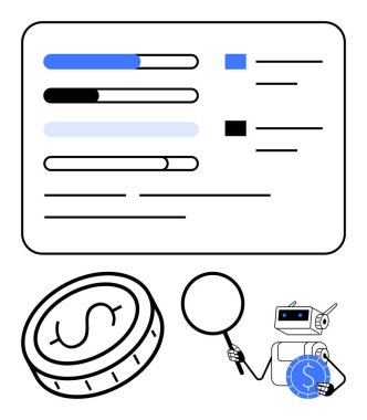 Robot, büyüme çubuğu grafiklerini büyüteç ve madeni para ile analiz ediyor. Finansal eğilimleri vurguluyor, yapay zeka analizi, büyüme, tasarruf, yönetim. Finans, otomasyon, iş, verimlilik ekonomisi için ideal