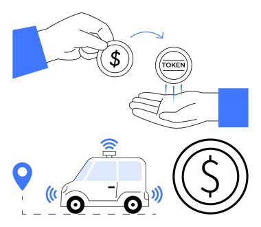 El ve el arasında para ve jeton değişimi GPS pimi ve sinyalleri olan kendi kendine giden bir araba. Ödeme sistemleri, engelleme zinciri, akıllı araçlar, GPS hizmetleri, otomasyon, fintech, basit iniş sayfası için ideal