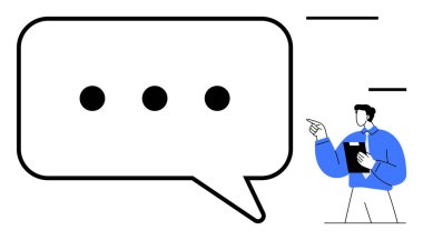 Elipsli konuşma balonu diyalogları vurgular. Elinde not panosu olan adam bilgi paylaşımını, rehberliği ve takım çalışmasını simgeliyor. İletişim, geri bildirim, destek, danışma, fikirler için ideal