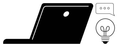 Konuşma balonu ve ampulün yanında basit dizüstü bilgisayar tasarımı, yaratıcılığı, yeniliği ve dijital iletişimi vurguluyor. Takım çalışması, beyin fırtınası, teknoloji, eğitim ve problem çözme için ideal