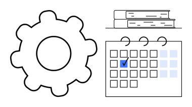 İşlem için vites, bilgi için kitaplar, işaretlenmiş tarihle takvim. Üretkenlik, organizasyon, eğitim, planlama, iş akışı süreleri ve strateji kavramları için idealdir. En düşük düz