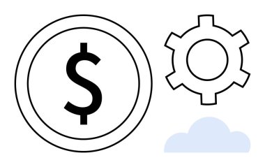 Para, dişli ve bulutun yanında, parayı, süreci, bulut temelli çözümleri simgeliyor. Finans, iş, teknoloji, bulut hizmetleri, yenilikçi iş akışı ve basit bir iniş sayfası için ideal