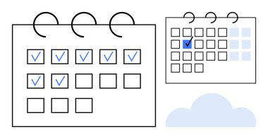 İşaretli günleri olan iki takvim planlama ve görev takibini temsil ediyor. Çevrimiçi araçlarda ışık bulutu ipuçları. Üretkenlik, zamanlama, organizasyon, zaman yönetimi, hatırlatıcılar, amaç