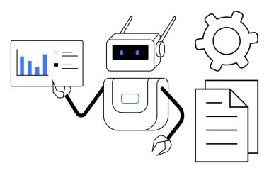 Robot bir veri tablosu tutuyor, etrafı dokümanlar ve çark ile çevrili. Yapay zeka, otomasyon, analitik, teknoloji, veri işleme, verimlilik ve yenilik için ideal. Düz basit metafor
