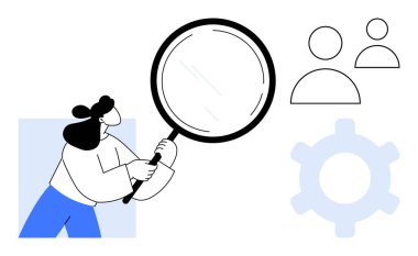 Büyük bir büyüteç tutan kadın soyut insan simgeleri ve vites şekilleriyle elementleri analiz ediyor. Araştırma, takım çalışması, analitik, keşif, adam toplama, problem çözme, sade