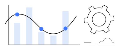 Eğilim çizgisi ve veri noktaları olan çubuk grafik, dişli simgesi ve bulut vurguları analitik, optimizasyon ve bulut hesaplamasını gösterir. İş, pazarlama, strateji, teknoloji operasyonları ekip çalışması için ideal