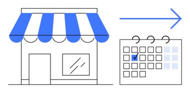 Kontrol işareti ve okla işaretlenmiş bir takvimin yanında çizgili tente ile depo önü. Planlama, planlama, organizasyon, küçük işletme, perakende satış, randevular, gelecekteki hedefler için ideal. Düz basit
