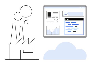 Grafikler ve arama çubuğu içeren bir bulut ve dijital kullanıcı arayüzü ile duman yayan fabrika. Teknoloji, imalat, veri analizi, sektör 4.0, bulut hesaplama, otomasyon, basit