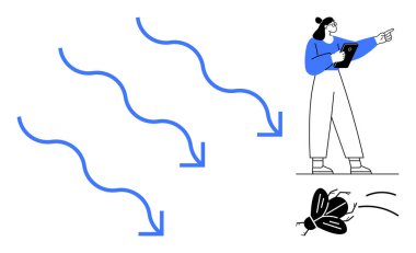 Tableti tutan ve mavi oklarla işaret eden bir kadın. Çözülen hataları simgeleyen ezilmiş bir böcek. Takım çalışması, verimlilik, rehberlik, sorun giderme, süreç iyileştirme için ideal