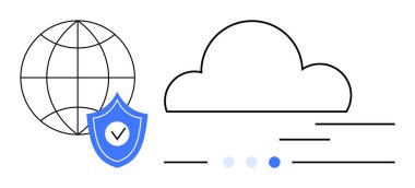 Küresel güvenlik, bulut depolama ve veri güvenilirliğini temsil eden koruyucu kalkanı ve işaretli bir dünya. Teknoloji, siber güvenlik, bulut hesaplama, veri güvenliği ve bilişim için ideal