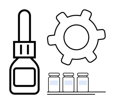 Bir şişe damlatıcı, dişli ve üç küçük kavanoz. Bilim, üretim, mekanik, imalat, yenilikçi kimya kalite kontrolü için idealdir. Düz basit metafor