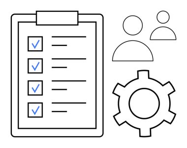 Kontrol listesi, keneler, vites sembolü ve iki kullanıcı simgesi olan pano. Takım çalışması, proje yönetimi, işbirliği, verimlilik, hedef belirleme, iş akışı görselleri için ideal basit iniş sayfası