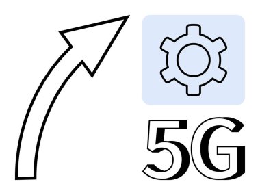 Büyümeyi simgeleyen yukarı ok, işletim ve teknoloji için mavi dişli ve kalın 5G metin. Teknoloji, yenilik, ilerleme, bağlantı, telekomünikasyon, dijital gelecek sade iniş için ideal