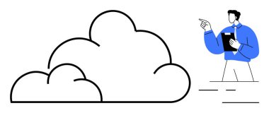 Pano ile işaret eden birinin yanında büyük bir bulut var. Teknoloji, bulut hesaplama, yenilik, veri depolama, takım çalışması, liderlik ve dijital çözümler için ideal. Düz basit metafor