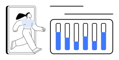 Kadın, mavi ilerleme göstergeleriyle baro çizelgesine bakarken telefon çerçevesinden çıkıyor. İlerleme izleme, dijital analiz, büyüme, yenilik, teknoloji, hareketlilik için ideal, basit iniş sayfası