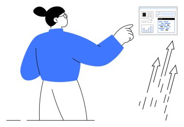 İlerlemeyi temsil eden yukarı doğru ok ve grafiklerle dolu bir veri paneline işaret eden kadın. Veri analizi, büyüme stratejileri, iş hedefleri, üretkenlik, başarı ve yenilik için ideal