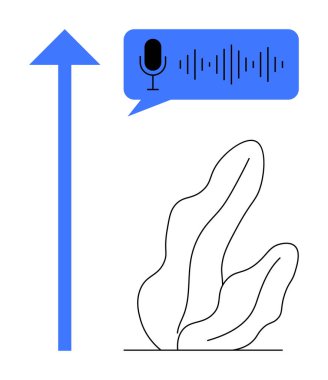 Konuşma balonunda mikrofon ve ses dalgası yukarı doğru ok, soyut bitki tasarımı. Teknoloji, üretkenlik, büyüme, yenilik, iletişim için ideal, yapay zeka sade iniş sayfası