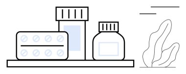 Tablet kabarcık paketi, hap şişesi ve kavanoz basit bir botanik elementle birlikte rafa dizilmiş. Sağlık, eczane, sağlık, ilaç, eczane, asgari tasarım için ideal