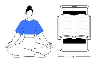 Nilüfer çiçekli kadın akıllı telefondan sergilenen açık bir kitabın yanında meditasyon yapıyor. Farkındalık, kişisel bakım, dijital eğitim, denge, kişisel büyüme, çevrimiçi öğrenme için ideal