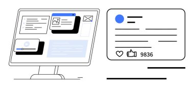 Uygulama pencerelerini, medyayı, e-postayı, videoyu, büyüteçleri ve sosyal medya paylaşımını gösteren bir bilgisayar monitörü. Dijital iletişim, üretkenlik, işbirliği için ideal