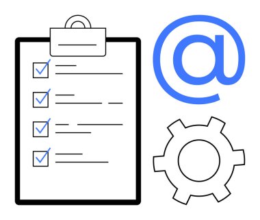 Görev panosu, mavi e-posta işareti ve görev organizasyonu, iletişim ve ayarları sembolize etmek için ekipman. Üretkenlik araçları, e-posta pazarlama, yönetim, takım koordinasyon projesi için ideal