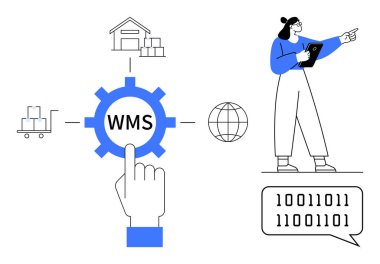 Depoya, arabaya, küreye ve ikili elementlere bağlı WMS mesajları olan bir vites. İşçi tabletle işaret ediyor. Lojistik, envanter, teknoloji yazılımı dijital dönüşüm e-ticaret için ideal. A