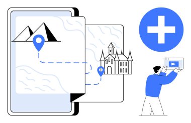 Dağları ve kaleyi birbirine bağlayan yol işaretlerine sahip dijital haritayı aç, artı bir kişi medya içeriği ekle. Navigasyon, seyahat, keşif, planlama, eğitim, turizm, hikaye anlatma için ideal