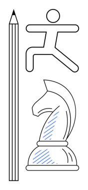 Kalem, satranç şövalyesi ve çevik figür yaratıcılığı, stratejiyi ve adapte edilebilir hareketi simgeler. Eğitim, tasarım, problem çözme liderlik büyümesi ve takım çalışması için ideal. Düz basit metafor