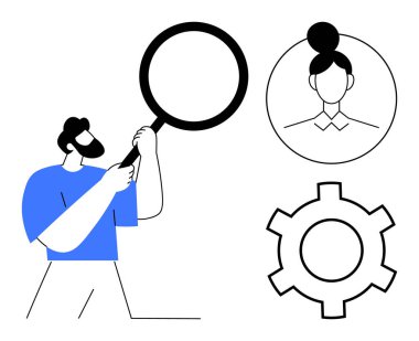 Elinde büyüteç tutan adam, kullanıcı profili ve teçhizatını araştırıyor. İşe alım, araştırma, analitik, sorun çözme, teknoloji, süreç optimizasyonu, basit iniş sayfası için ideal