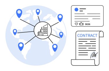 İş merkezleri işaretli dünya haritası, sosyal nişan detayları ve imzalı sözleşme tomarı. Küresel ticaret, iletişim, ortaklık, dijital pazarlama, yasal anlaşma, ticaret için ideal