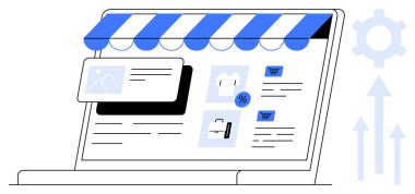 Bilgisayar ekranında ürün kartlarıyla, alışveriş arabalarıyla, indirimli dijital mağaza vitrinleri var. Dişliler ve oklar optimizasyonu, büyümeyi ve otomasyonu simgeler. E-ticaret ve çevrimiçi iş için ideal