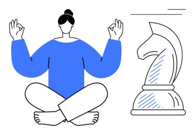Satranç şövalyesinin yanında oturarak farkındalık pratiği yapan biri rahatlığı stratejik düşüncelerle harmanlıyor. Farkındalık, strateji, denge, odaklanma, karar verme, planlama için ideal