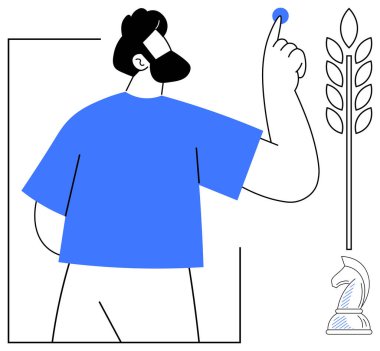 Mavi gömlekli adam kararlılığını gösteriyor. Strateji, hırs ve ilerleme metaforu olarak satranç şövalyesi ve buğday dalasıyla çevrili. İş, liderlik, planlama ve tarım için ideal