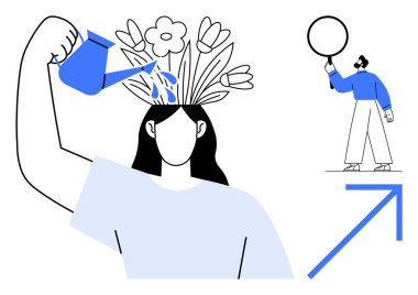 Kafasından büyüyen çiçekleri sulayan kadın büyümeyi ve yaratıcılığı simgeler. Çeviklik ve odaklanmayla büyük bir halka oluşturan bir adam. Kendini geliştirme, büyüme, motivasyon ve ilham için ideal