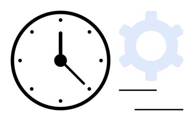 Siyah analog saat çizgili ve açık mavi vites ve minimalist çizgilerin yanında kalın eller. Üretkenlik, planlama, takım çalışması, iş, verimlilik, iş akışı için ideal