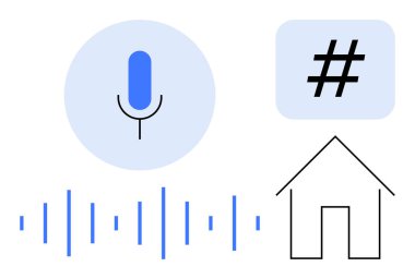 Mavi daireli mikrofon, ses dalgaları, meta veri etiketi ikonu ve ev taslağı. Akıllı ev teknolojisi, konuşma tanıma, otomasyon, ses asistanı, IoT kullanıcı arayüzü basit iniş sayfası için ideal