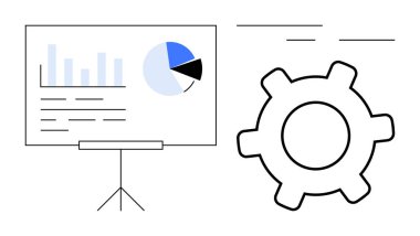 Verimliliği, sistem gelişimini sembolize eden büyük dişli çubuk grafiği ve pasta grafiği çizelgesi. Analiz, planlama, takım çalışması, strateji, iş akışı, teknoloji, araştırma için ideal