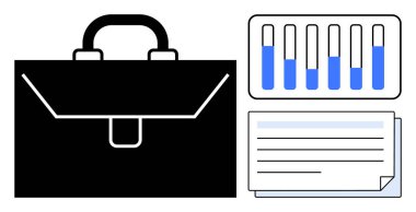 Siyah evrak çantası, mavi verilerle dolu bar çizelgesi ve istiflenmiş belgeler. İş analizleri, proje yönetimi, finans araçları, planlama, organizasyon, üretkenlik için ideal basit iniş sayfası
