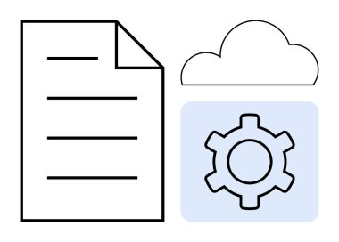 Bulut sembolünün yanındaki belge simgesi ve mavi bir karenin içindeki teçhizat. Dosya yönetimi için ideal, bulut tabanlı hizmetler, teknoloji, otomasyon, iş akışı optimizasyonu, üretkenlik, basit iniş sayfası