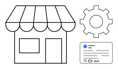 Mağaza önü işi simgeler, teçhizat optimizasyonu temsil eder ve sosyal paylaşım çevrimiçi bağlanmayı simgeler. Pazarlama, e-ticaret, markalaşma, SEO, dijital araçlar, sosyal medya ve basit