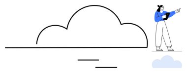 Tablet tutan kadın, şekillendirilmiş bir bulut anahatını işaret ediyor. Teknoloji, ağ oluşturma, bulut hesaplama, yenilik, veri depolama, eğitim ve basit bir iniş sayfası için ideal