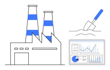 Bacalı fabrika, grafikler, grafik verileri ve bir inşaat küreği gösteren dijital analiz monitörü. Sanayi, veri analizi, üretkenlik, kalkınma, iş çözümleri büyümesi için ideal