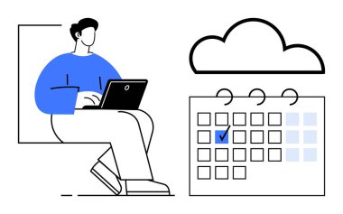 Bir dizüstü bilgisayar, bulut depolama simgesi ve görev planlama, organizasyon ve dijital çözümleri gösteren işaretli takvim kullanan kişi. Üretkenlik için ideal, uzak çalışma, zamanlama, teknoloji iş akışı