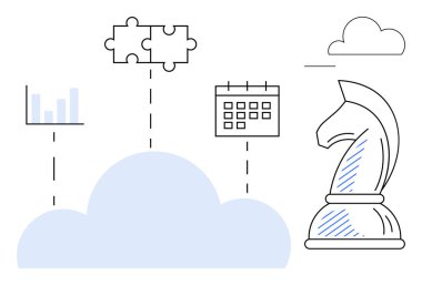 Satranç şövalyesi, grafik, takvim, bulmaca parçaları bulut şekline bağlı. Strateji, planlama, takım çalışması, veri teknolojisi problem çözen iş büyümesi için ideal. Düz basit metafor