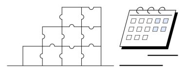 Yığılmış bulmaca parçaları, zaman yönetimini vurgulayan bir takvimin yanında yapılandırılmış fikirleri işaret eder. Strateji, organizasyon, hedef belirleme, takım çalışması, planlama, proje planlaması için ideal