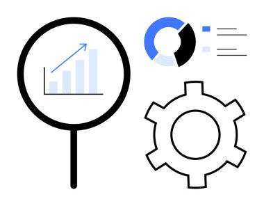 Büyüme grafiği, teçhizatı ve dairesel çizelgesi olan büyüteç, analizi, ilerlemeyi ve verimliliği temsil ediyor. Veri, iş, yönetim, strateji teknolojisi için ideal verimlilik sade iniş