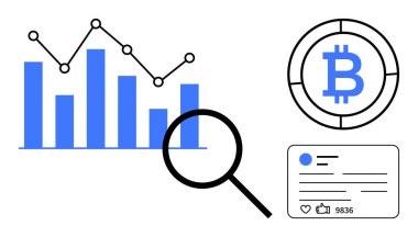 Büyüteç, kripto para ve sosyal medya kartı olan bar grafiği. Finans, kripto para birimi, analitik, sosyal medya, dijital pazarlama, teknoloji ve basit iniş sayfası için ideal