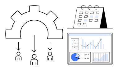 Üç kullanıcıya bağlanan dişli, analitik ve turta grafikli grafik paneli, takvim zaman çizelgesi. İş akışı yönetimi, üretkenlik, takım çalışması, veri görselleştirme, strateji, proje için ideal
