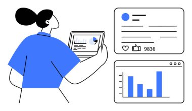 Pasta grafiği, sosyal medya kartı ve bar grafiği olan bir kadın. Pazarlama, analitik, sosyal medya, veri görselleştirme, araştırma, strateji dijital araçları için ideal basit iniş sayfası